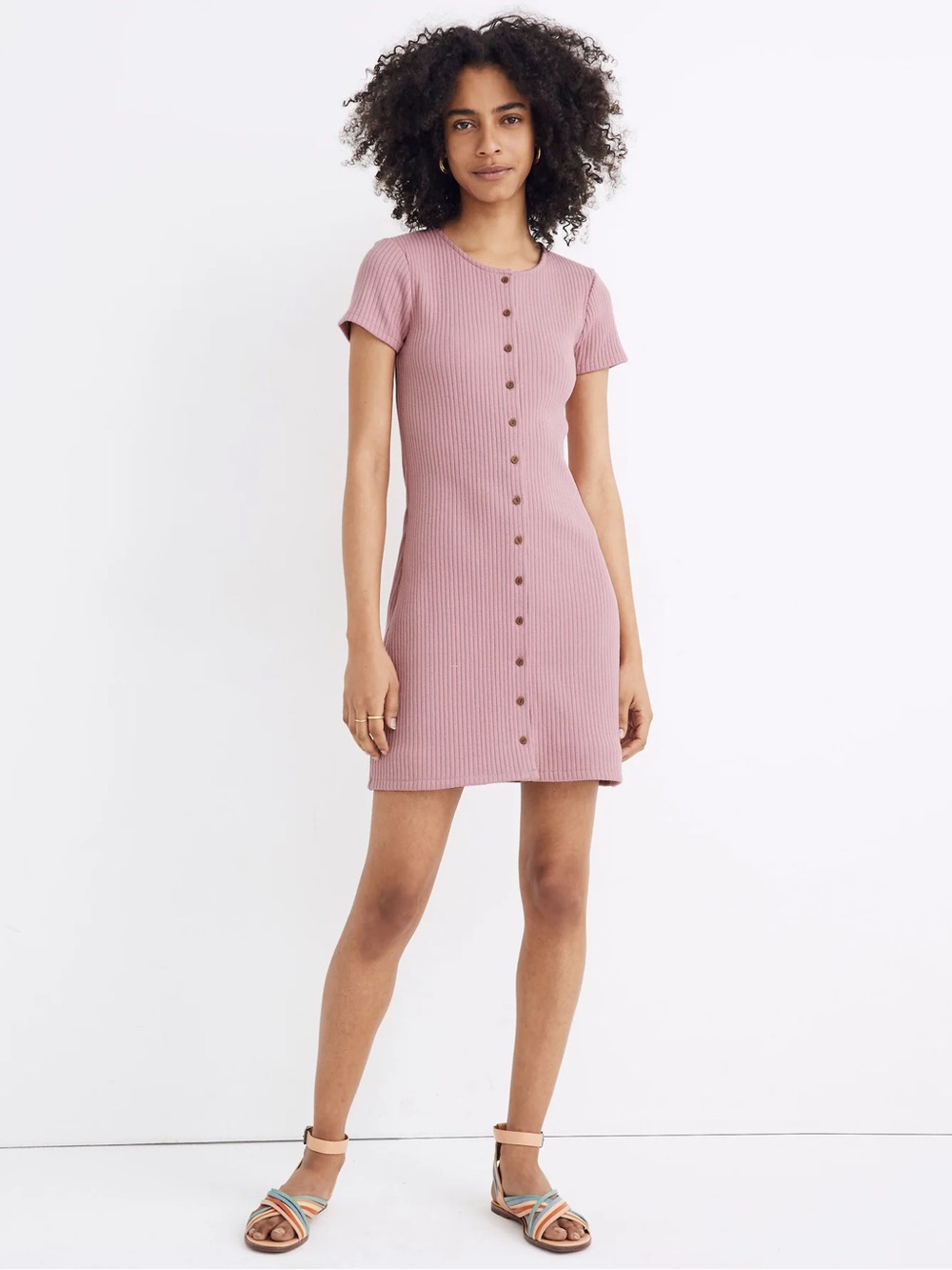 Madewell Button-Front Ribbed Mini Dress in Weathered Berry